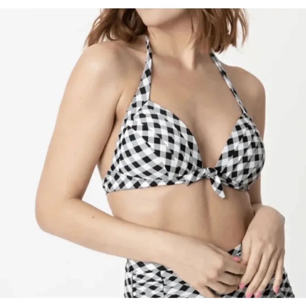 Unique Vintage Retro 50s Bikini Top | S | Black & White Gingham | Pin-Up Halter